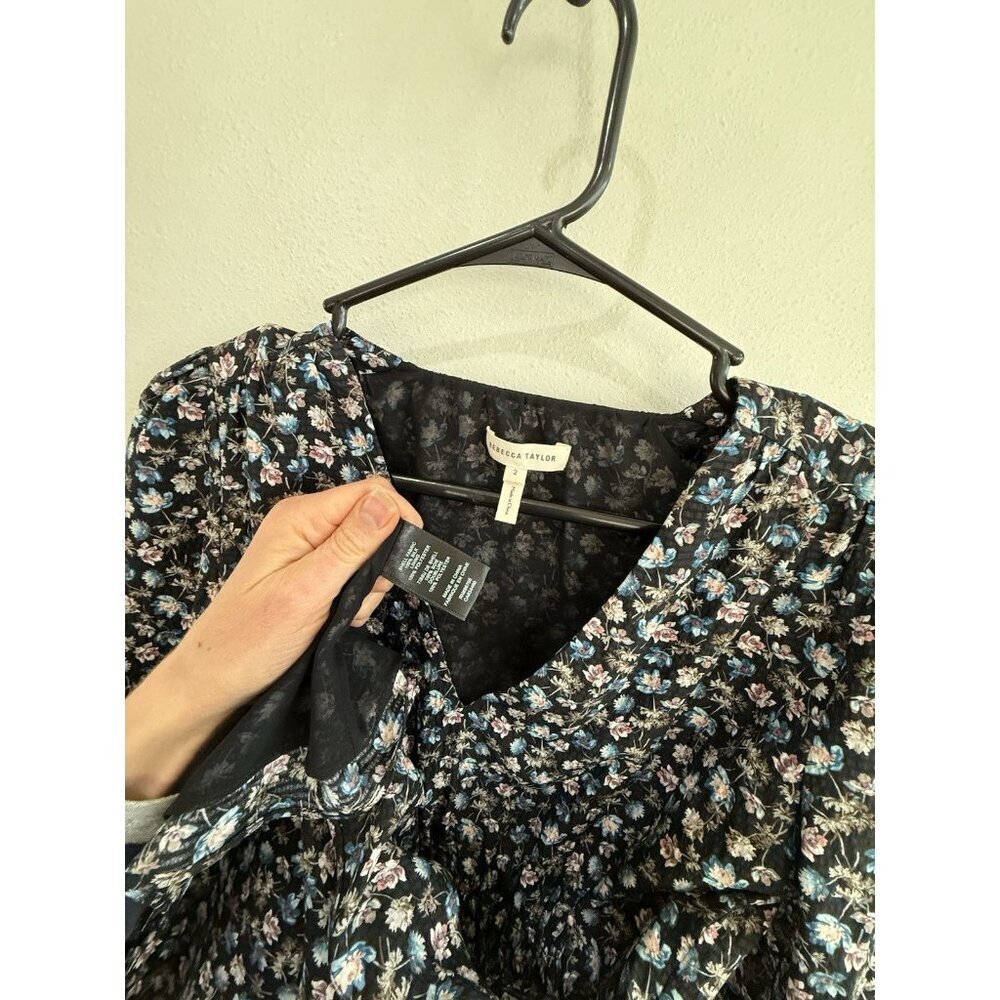 Rebecca Taylor Dress Size 2 100% Silk Black Navy Blue Pink Flowers Long Sleeve - Picture 2 of 4